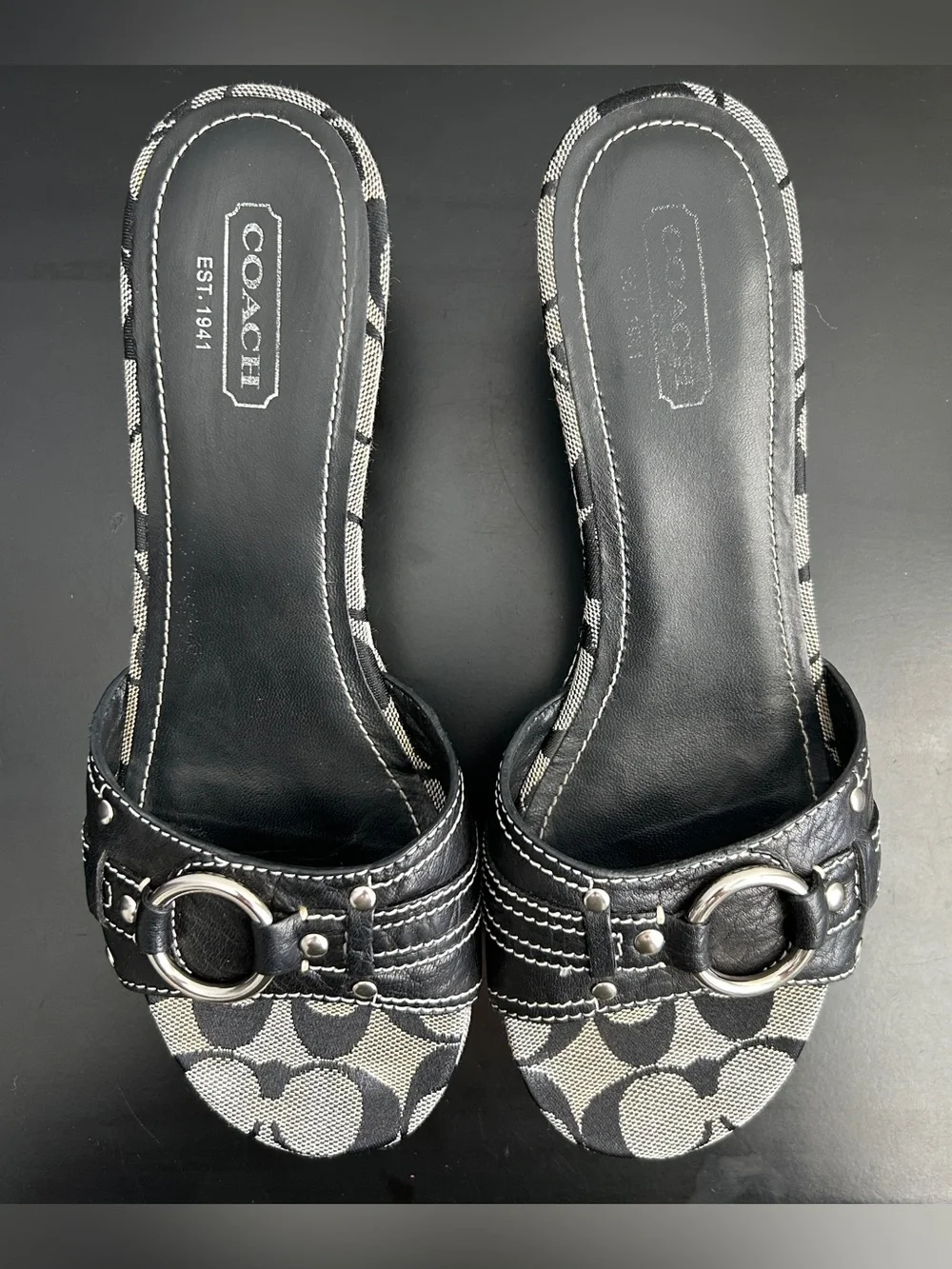 Y2K Coach Janeesa Wedge Sandals with Signature C Pattern and Silver Hardware